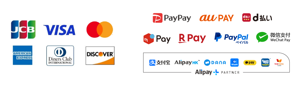 VISA、mastercard、JCB、AMERICAN EXPRESS、Diners Club、DISCOVER、PayPay銀行、LINEPay、auPAY、Alipay