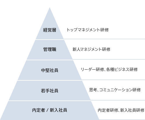 経営層 トップマネジメント研修 管理職 新人マネジメント研修 中堅社員 リーダー研修、各種ビジネス研修 若手社員 思考、コミュニケーション研修 内定者/新入社員 内定者研修、新入社員研修