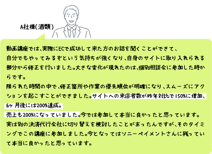 A社様（酒類）：動画講座では、実際にECで成功して来た方のお話を聞くことができて、自分でもやってみるぞという気持ちが強くなり、自身のサイトに取り入れられる部分から修正を行いました。大きな変化が現れたのは、個別相談会に参加した時からです。限られた時間の中で、修正箇所や作業の優先順位が明確になり、スムーズにアクションを起こすことができました。サイトへの来店者数が昨年対比で150%に増加、6ヶ月後には200%達成。売上も200%になっていました。今では参加して本当に良かったと思っています。実は別の決済代行会社に切り替えを検討したことがあったんですが、そのタイミングでこの講座に参加しました。今となってはソニーペイメントさんに残っていて本当に良かったと思っています。