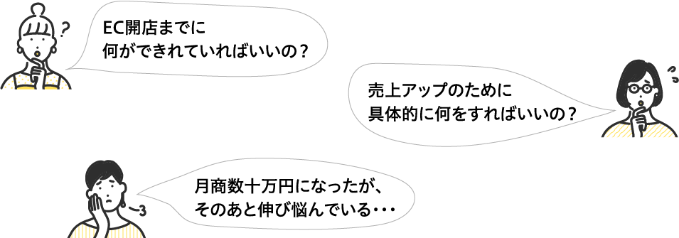 EC開店までに何ができれていればいいの？売上アップのために具体的に何をすればいいの？月商数十万円になったが、そのあと伸び悩んでいる・・・