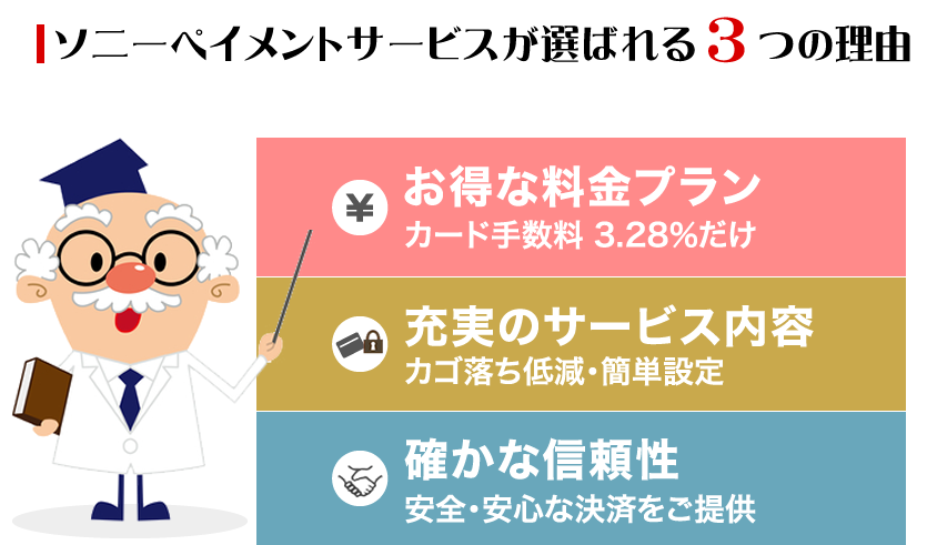 ソニーペイメントサービスが選ばれる3つの理由「お得な料金プラン：カード手数料 3.28％だけ」「充実のサービス内容：カゴ落ち低減・簡単設定」「確かな信頼性：安全・安心な決済をご提供